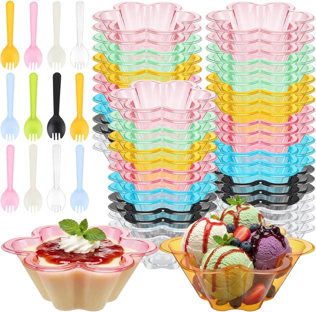 Patelai 50 Pack 8 oz Colorful Desset Cups with Spoons Disposable Ice Cream Sundae Bowls Flower Shape Clear Plastic Small Party Serving Cups for Ice Parfait Strawberry Yogurt (Multicolor)