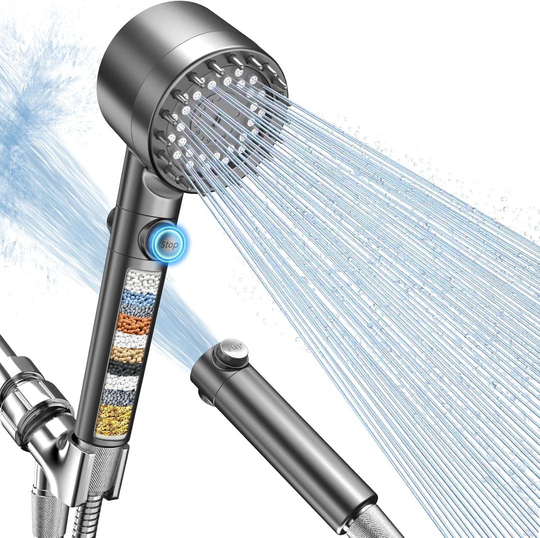 FEELSO Filtered Shower Head with Handheld, High Pressure 4 Spray Showerhead with Filters & Upgraded Anti-clog Nozzles for Hard Water -Remove Chlorine, Reduce Dry Itchy Skin -ON/OFF Switch for Pet Bath (Gray)