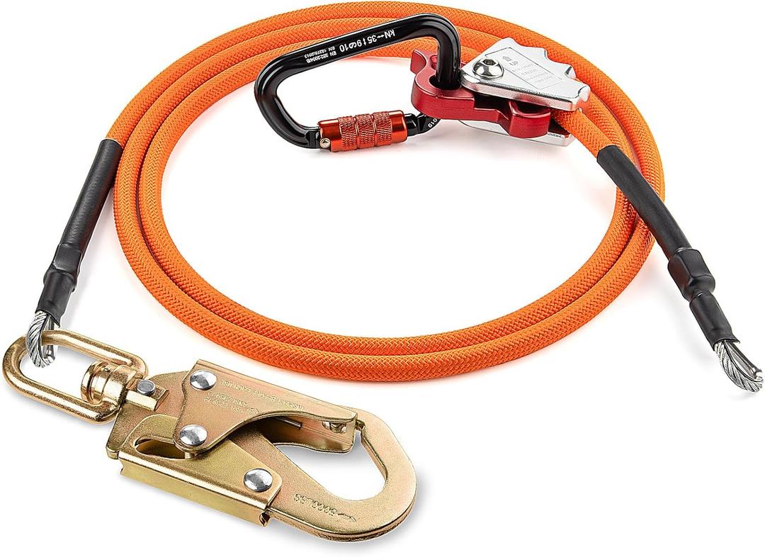 Steel Wire Core Flipline - 8ft Fall Protection Arborist Climbing Tree Arborist 1/2" Galvanized Steel Cable Lanyard Kit with Swivel Snap Hook Triple Lock Carabiner Rope Grab Adjuster