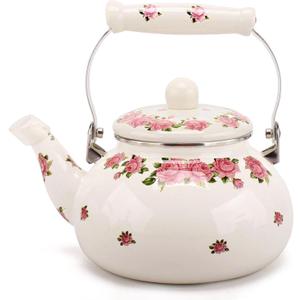 Tea Kettle Pot for Stove Top,Porcelain Large Enamel Teakettle,2.5L Colorful Teapot Floral Ceramic for Stovetop,Retro Classic Design (Pink flower-2.4L)