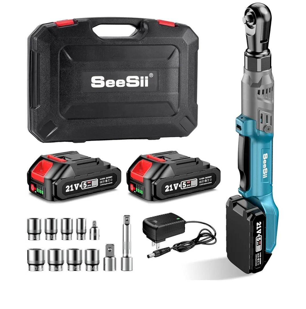 1/2" Cordless Electric Ratchet Wrench, 66Ft-lbs Battery Ratchet Wrench 21V Max, Brushless Motor, Variable Speed Trigger, 2x 2.0Ah Batteries & Charger, 8 Sockets, 1/4" & 3/8" Adapter, 3" Extension Bar