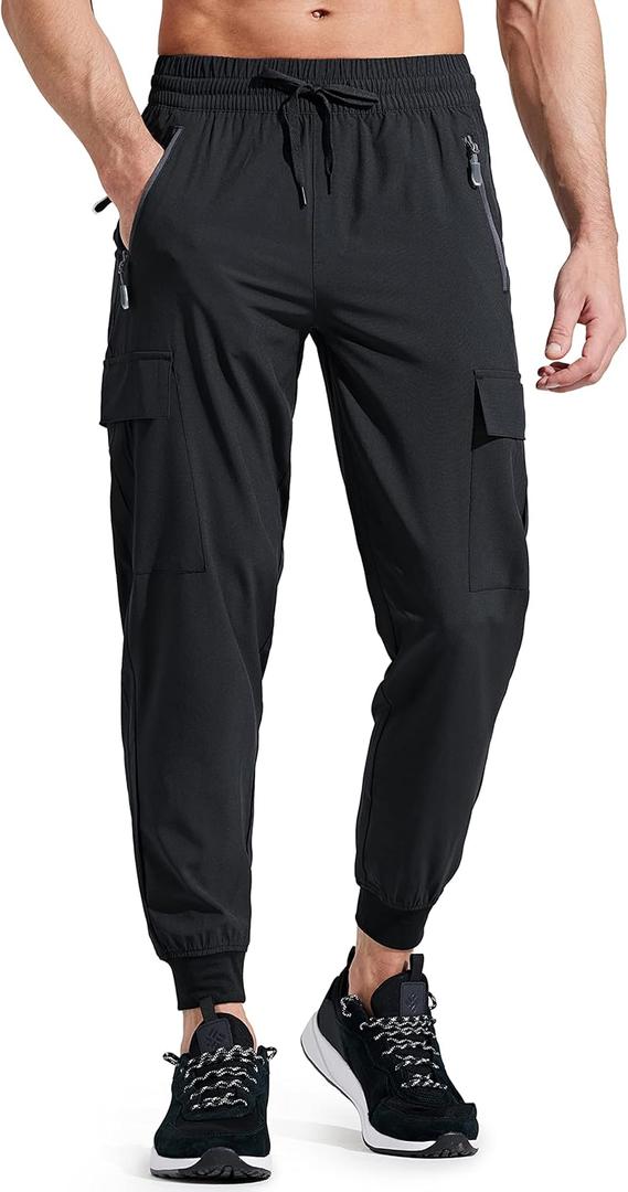 Libin Men's Lightweight Joggers Quick Dry Cargo Hiking Pants Track Running Workout Athletic Travel Casual Outdoor (Large, Black)