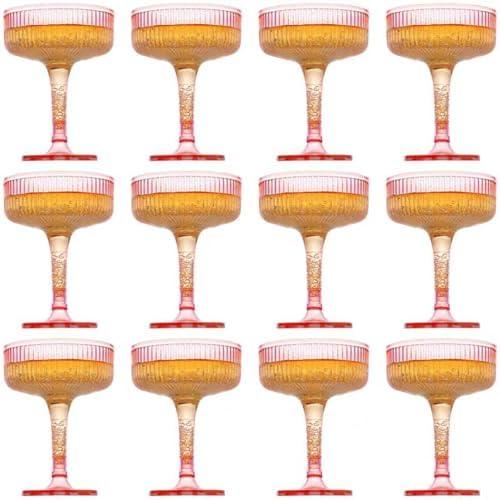 yptniginu 12 Pcs Plastic Champagne Glasses 7 oz Champagne Tower Ribbed Martini Glasses Disposable Wine Cups Stackable Stemmed Cups for Wedding Birthday Party Bar (Pink)