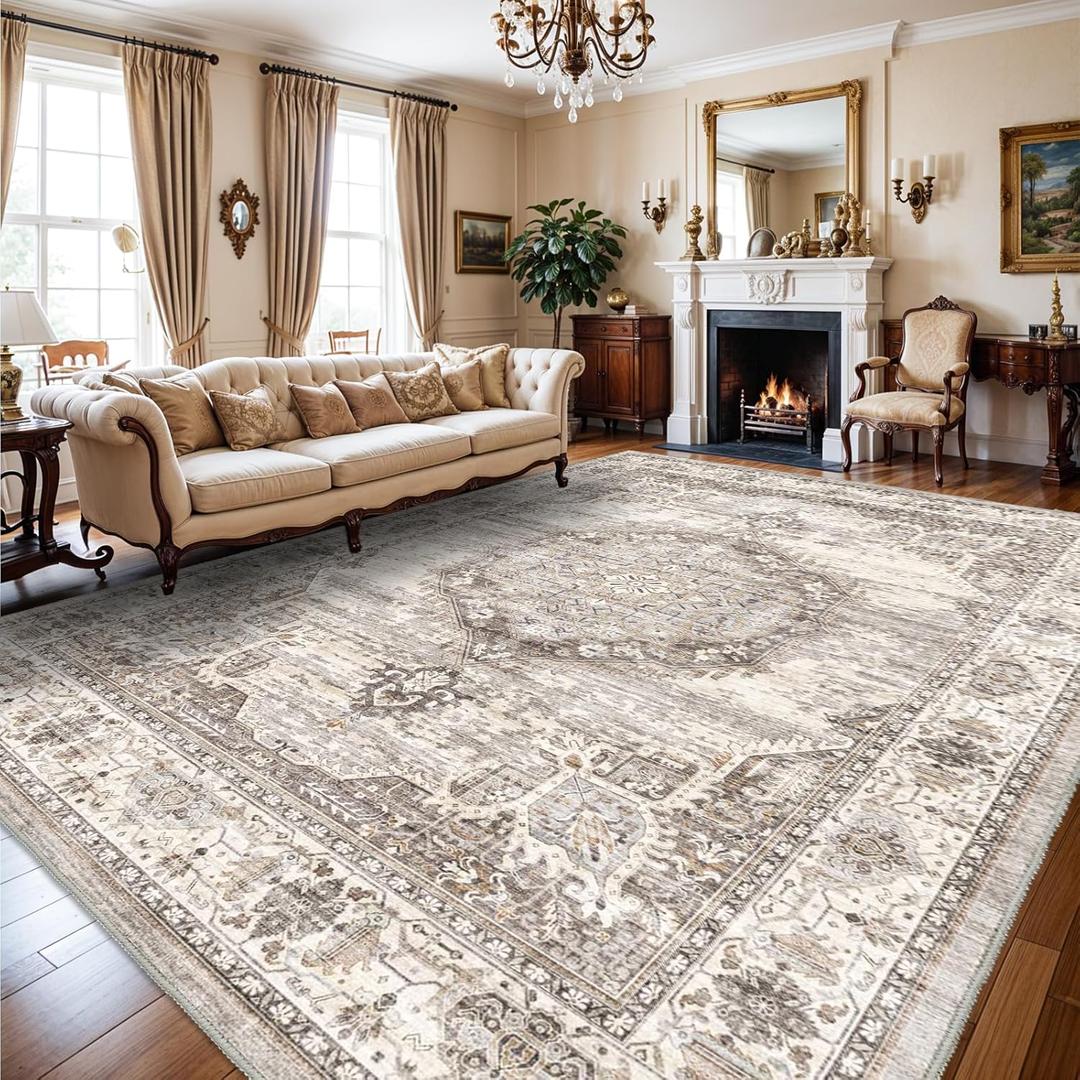 Area Rugs 10x14 Living Room: Machine Washable Rug - Soft Carpet for Bedroom - Stain Resistant Vintage Distressed Area Rug 10'x14' Beige