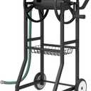 Garden Hose Reel Cart with Wheels, Outdoor Heavy Duty Powder Coated Steel Water Winder Storage Holds 125 ft 5/8" Hoses with 3.9ft Leader Hose and Basket for Backyard, Yard, Lawn, Black