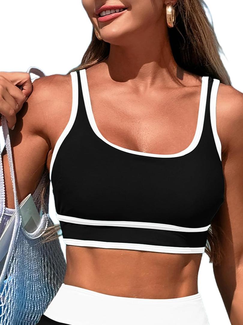 Bikini Tops for Women Sport Bra Swimsuit Top Color Block Push Up Padded Bathing Suit Top Cropped Tankini Tops Only (Black, M)