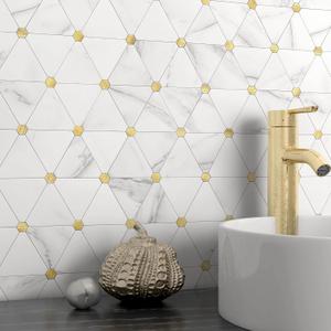 MOFIT Backsplash Tile for Kitchen Peel and Stick,Self-Adhesive Bathroom Wall Tiles Waterproof 3D Metal and Marble Mosaic Panels Heat Resistant (White Gold,10Sheets)