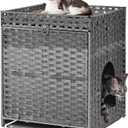 Cat Litter Box Enclosure with Soft Litter Mat; Hidden Kitten Washroom Furniture with Door; Handwoven Rattan Cat House; Pet Crate for Living Room, Bedroom, Balcony (Grey)