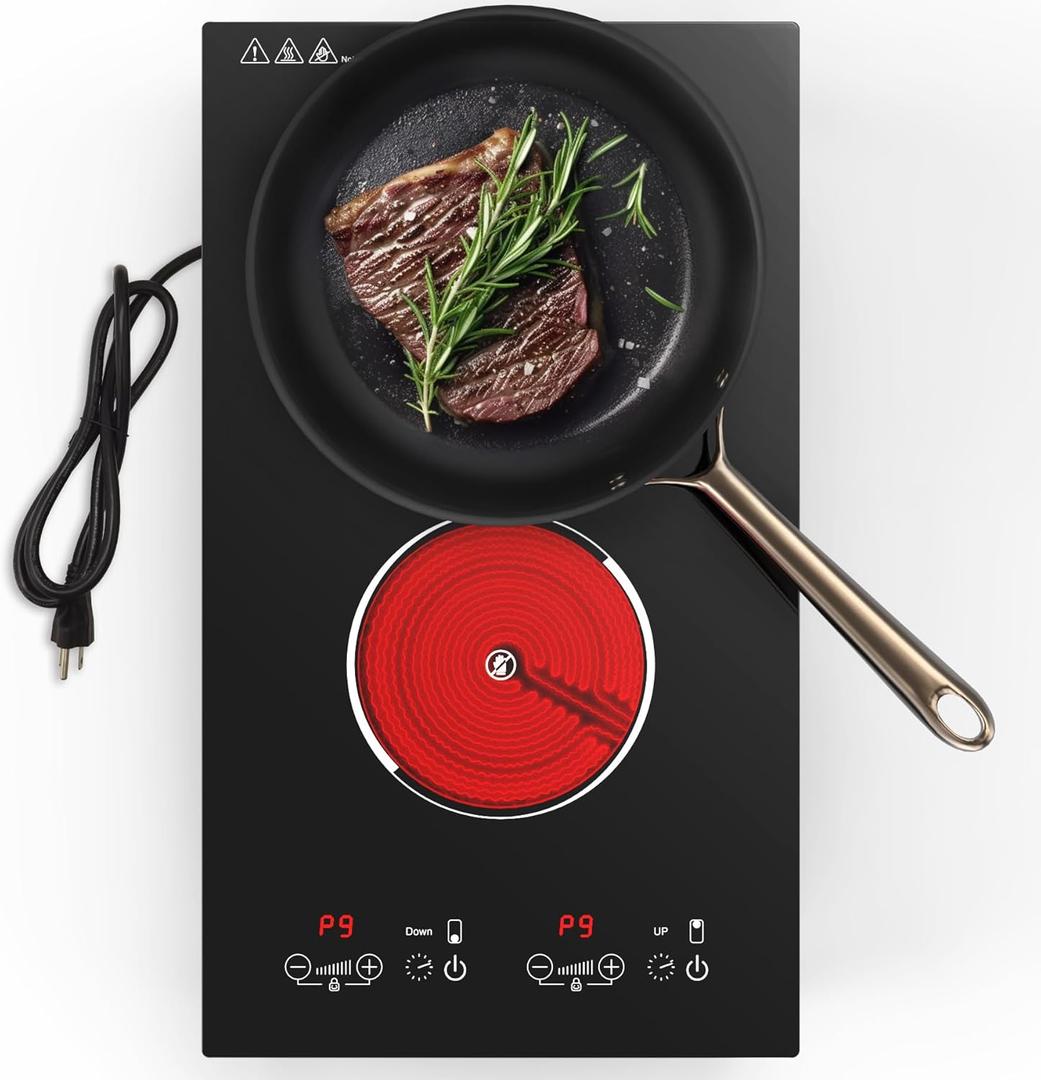 Electric Cooktop, Built-in and Countertop 2 burner Electric Burner for Cooking, 2400W 110V stove top,11 Power Settings, Timer and Child Safety Lock, LED touch control,Overheat Protection.