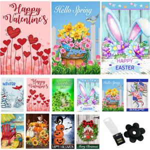 Seasonal Garden Flags Set of 10 12x18 inch Double Sided Yard Flags, Outside Small Garden Flag with Anti-Wind Clip and Stopper, Outdoor Holiday Lawn Decorative Decor