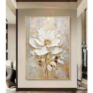 Large Hand Painted Flower Oil Painting for Ofiice-3D White Floral Canvas Wall Art for Bedroom- Framed Modern Artwork for Living Room Home Decoration 32x48inches