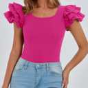 PRETTYGARDEN Women's Ruffle Short Sleeve Shirts 2025 Summer Casual Basic Tee Cute Fitted Crew Neck Fashion Tops Clothes (Red, S)