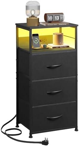 WLIVE LED Nightstand with Charging Station, Black Night Stand with 3 Fabric Drawers and Storage Shelf, Small Dresser for Small Space, 31.9" H Bedside Table with USB Ports and Outlets for Bedroom, Set Of 2