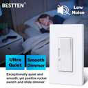 BESTTEN 6 Pack Super Slim Dimmer Light Switch, Quiet Rocker, Single Pole or 3 Way Dimmable Switch, Max 300W LED, CFL, 600W Incandescent, Screwless Wall Plate Included, ETL Listed, White