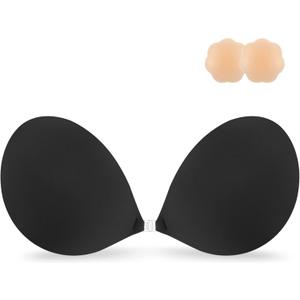 Niidor Adhesive Bra Strapless Sticky Invisible Push up Silicone Bra for Backless Dress with Nipple Covers Black(B Cup)