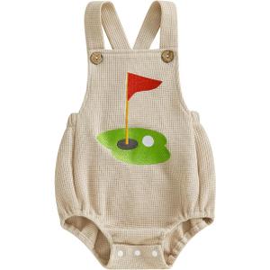 Newborn Infant Baby Boy Summer Outfits Sleeveless Strap Romper Waffle Bodysuit One Piece Golf Onesie Clothes (Beige) 6-12M