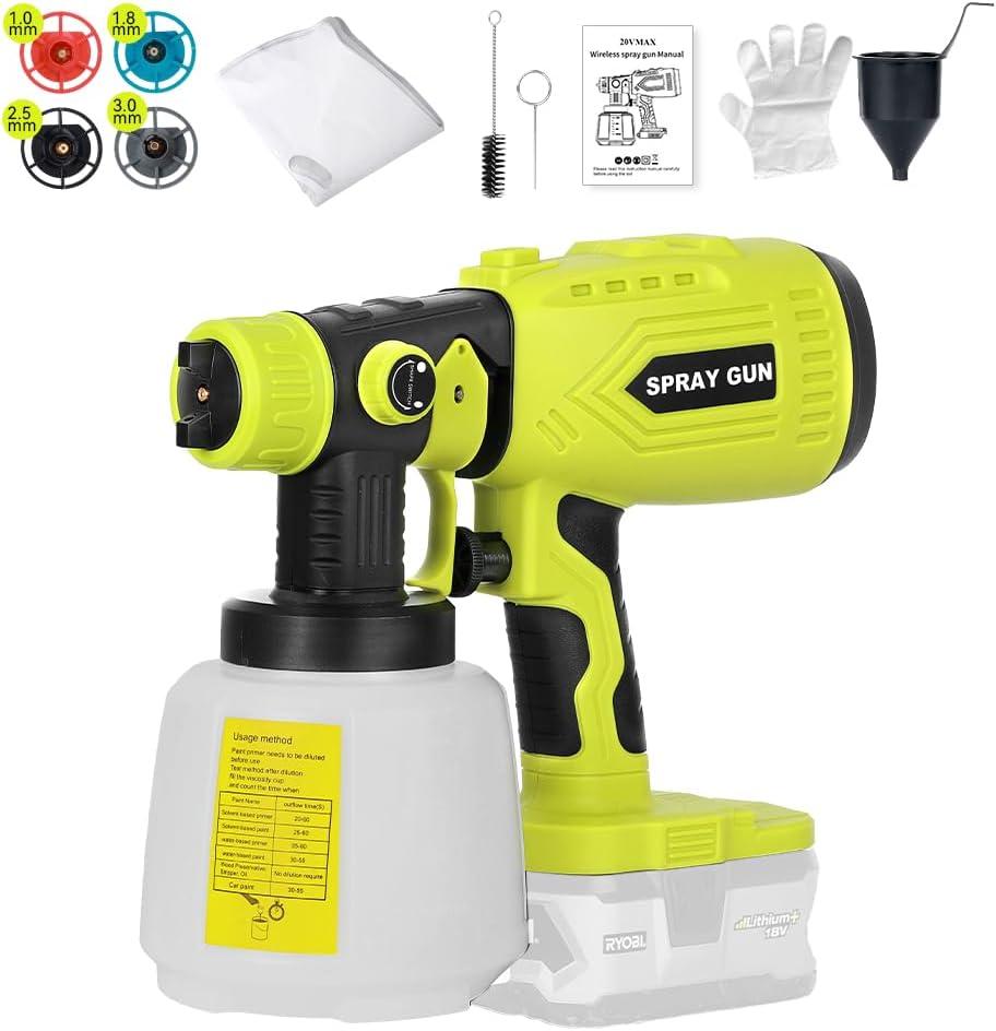 Cordless Paint Sprayer for Ryobi 18v BatteryHVLP Spray Paint Gun with Brushless Motor and Copper Nozzle, 200W Cordless Paint Sprayer for Home, Car, Furniture & Wall Painting (Battery Not Included)