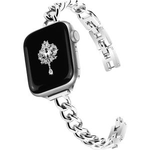 Slim Silver Band for Women Feminine Elegant Compatible with Apple Watch 38mm 40mm 41mm 42mm (S10) Adjustable Metal Strap Dressy Chain Bracelet for iWatch Series 10/9/8/7/6/5/4/3/2/1/SE