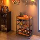 Bar Cart with Basket 3 Tiers Home Rolling Wine Rack with Wheels Mobile Kitchen Industrial Vintage Style Wood Metal Serving Trolley Serving Cart,Glass Holder Bar Cabinet, Rustic Brown, 29"D x 13"W x 33"H