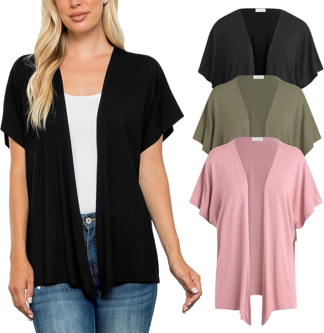 Free to Live 3 Pack Dolman Short Sleeve Cardigan for Women Lightweight Open Front Kimono Fall Sweaters Dressy Casual Cover Up (Black, Olive, Rose)