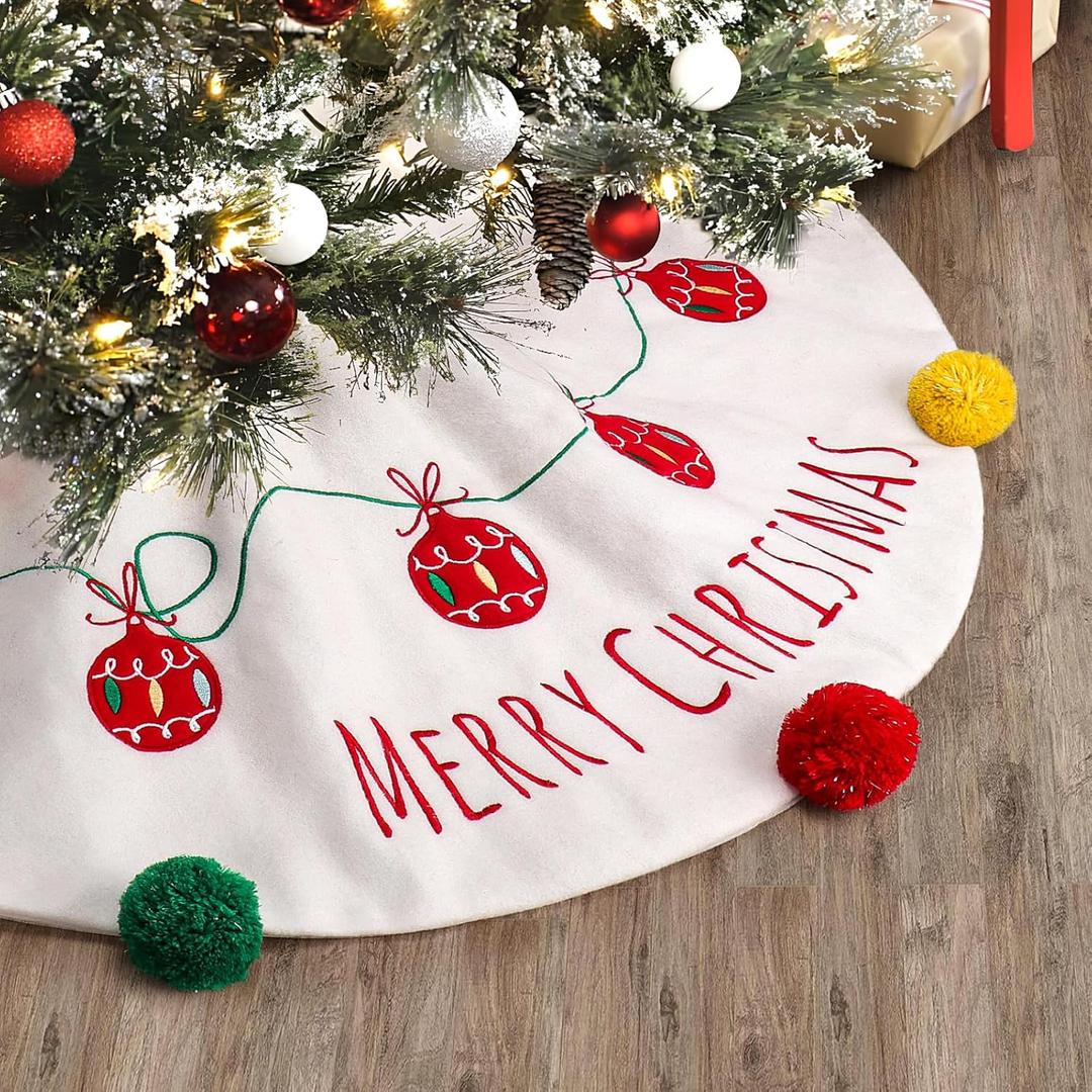 XAMSHOR 24 Inches Christmas Tree Skirt, Embroidered Burlap Xmas Tree Skirt with Colorful Pom Poms, Indoor Outdoor Holiday Decorations, White