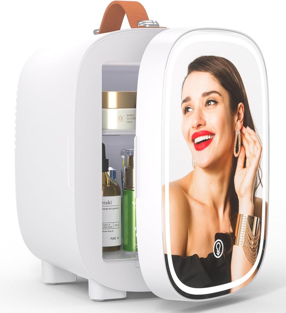 Hansburg Mini Fridge for Bedroom Mirror Skincare Cooler & Warmer Portable Small Refrigerator 4 Liter/6 can with 12v AC/DC/USB Option for Food, Drinks, Makeup, Dorm, Office and Car