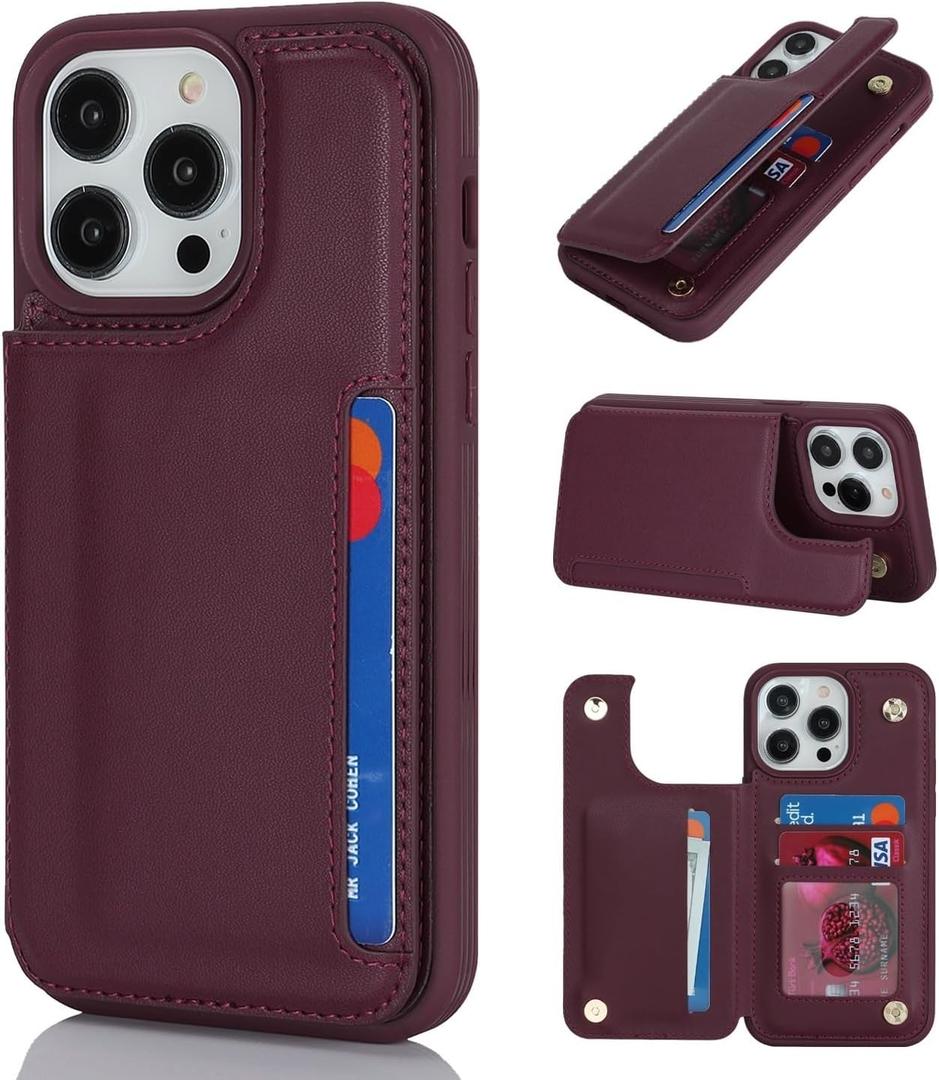 iCoverCase Compatible with iPhone 14 Pro Case with Card Holder, Wallet Case for Women Men RFID Blocking PU Leather Protective Phone Case 6.1 Inch (Wine Red)