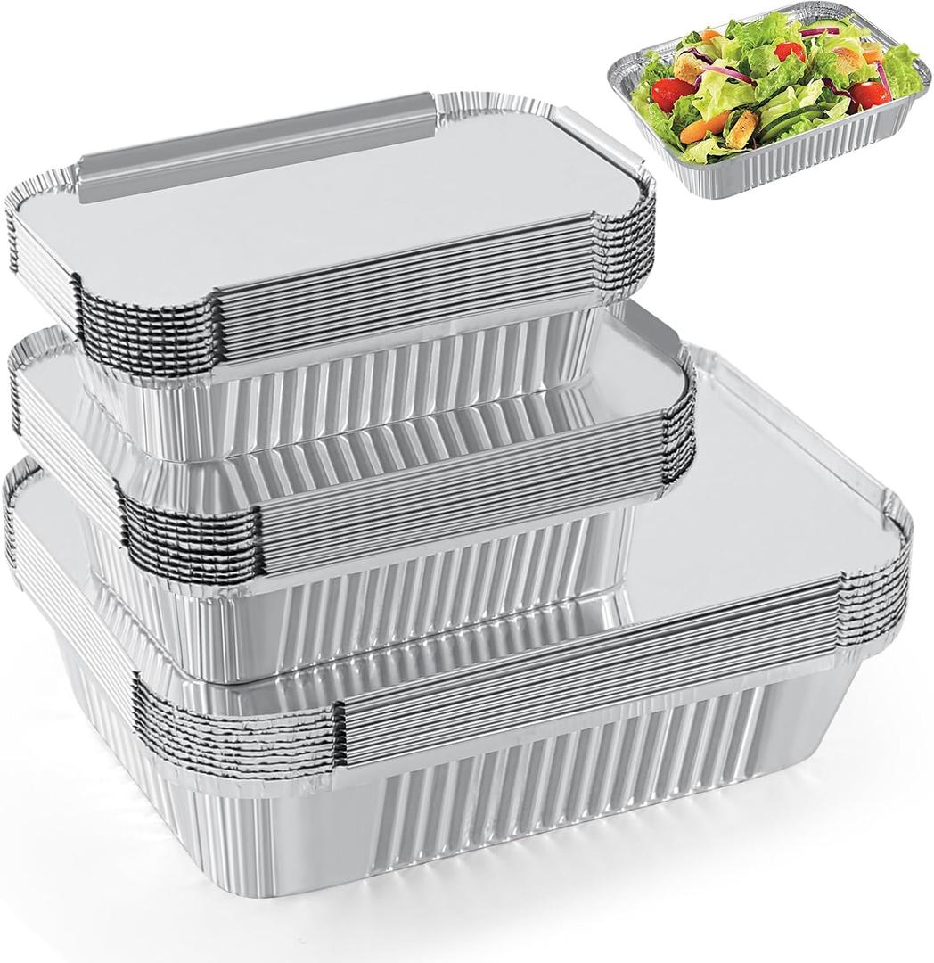Notwoe 30 Pack Disposable Aluminum Pans With Lids, 10x7.5 And 7.3x5.3 Square 6.9x4.3 Square Combo Set, Disposable Baking and Cake Pan. (30 Pack w/Lids)