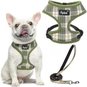 PUPTECK Soft Mesh Dog Harness and Leash Set Pet Puppy Cat Comfort Padded Vest No Pull Harnesses, Olive Green, M (M (NECK: 14", CHEST: 17"-21"))