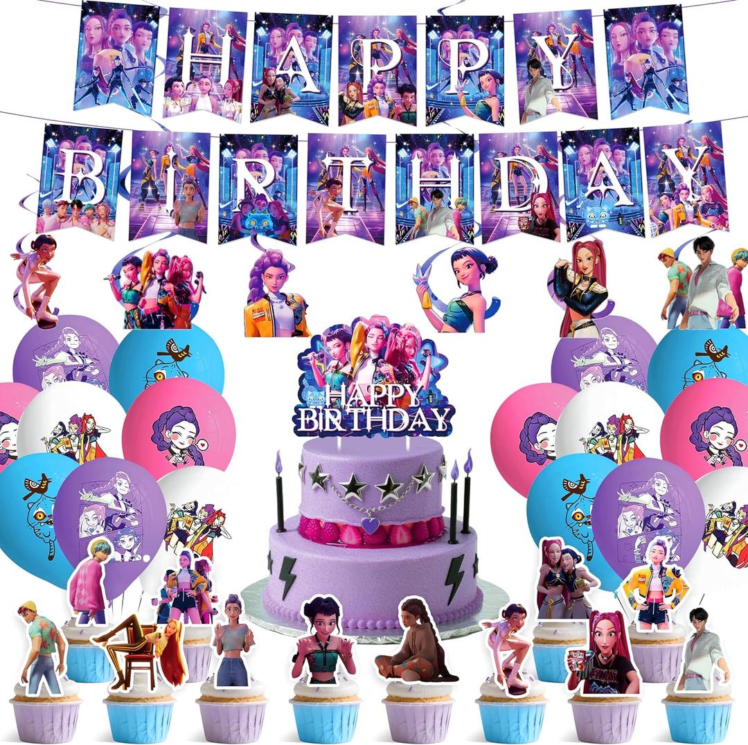 For K Pop Demon Hunters Party Supplies,62 PCS Birthday Decorations Set Include Banner,Balloons,Hanging Swirls,Cake Cupcake Toppers for Boys Girls Hunters Theme Party