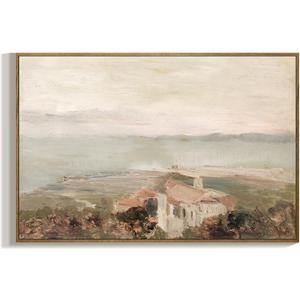 RaphelArt Big Framed Canvas Wall Art Home Decor, The House on The Coastal Vintage Decor, Warm Tone Landscape Painting Canvas Wall Art Decor for Living Room,Office,Bedroom,Bathroom,Kitchen,16''x24'' (sea cliff)