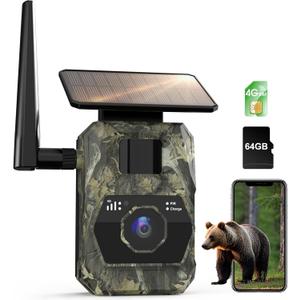 Cellular Trail Camera with Solar Panel, 2K Live Video, Colorful Night Vision, No WiFi Needed, 4G LTE SIM Card, 64G SD Card, 0.2S Trigger Motion Actived, Smart Alerts, GPS, IP66 Waterproof Game Camera