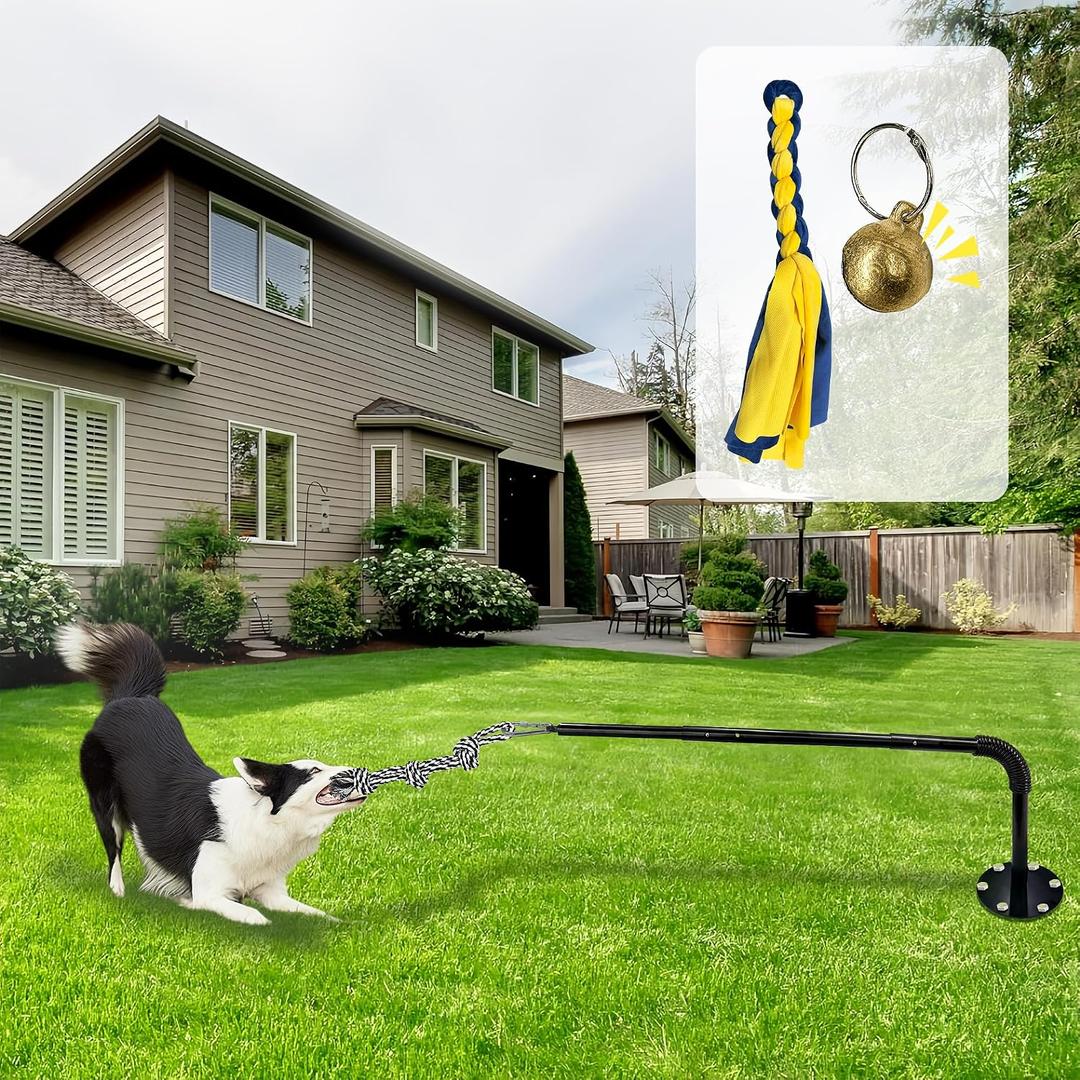 Tether Tug Outdoor Dog Toy, Interactive Exercise Game in Yard, Tether Tug with 2 Rope Toy and Bell for Large Medium Small Dog, Pull Chase and Tug of War