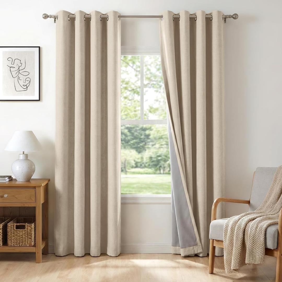 100% Blackout Shield Linen Blackout Curtains for Bedroom, Natural Flax Grommet Curtains for Living Room, Thermal Insulated Room Darkening Drapes for Nursery, Boho Home Decor, 50" W x 108" L, 2 Panels
