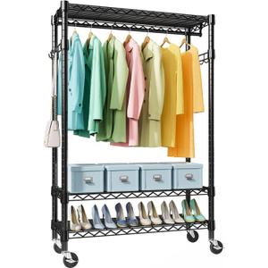 Heavy Duty Rolling Garment Rack 3 Tiers Adjustable Wire Shelving Clothes Rack with Rods and Side Hooks,Storage Closet Clothing Rack with Wheels Black, 48.35 by 19.21x 5.43 in
