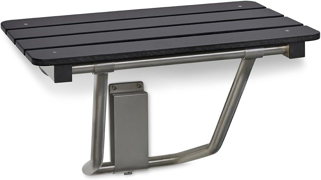 24-inch x 15-inch ADA Folding Wall Mount Bathroom Shower Seat Bench, Black Slatted Phenolic Seat