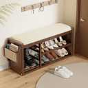 Solid Wood Shoe Bench with Leather Cushion, Shoe Storage Organizer with Side Holder, Shoe Rack Bench for Entryway, Hallway, Living Room, Mudroom, Holds Up to 600lb (Walnut, 31.5"Wx12.6"Dx18.9"H)