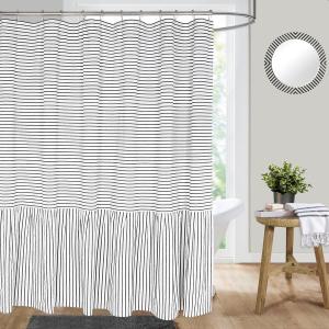 Farmhouse Ruffle Shower Curtain,Black Striped Patchwork,Coutry and Shabby Chic Style,72x72 in