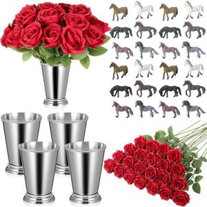 LemonRoad 52 Pcs Derby Day Party Decorations The Rose Centerpieces with Mint Julep Cups and Mini Horses for Horse Racing Party Decor Horse Theme Birthday Supplies