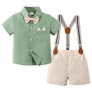 YUEMION Baby Boy Clothes Suits, Toddler Summer Formal Short Shirt+ Bowtie+ Suspender Shorts Gentleman Wedding Outfit(Green 2, 4-5T)