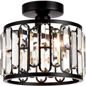 Crystal Ceiling Light, Semi Flush Mount Modern Black Ceiling Light Fixture, Crystal Chandelier, for Bathroom Hallway, Kitchen, Entryway, Bedroom, Laundry Room, Porch 1 Light E26