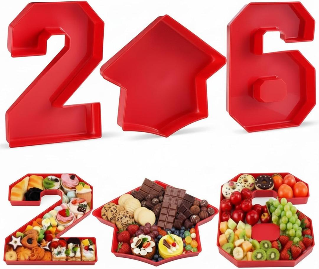 Tellingyou 3 Pcs 13.7" 2026 Graduation Fillable Letter, Plastic Number Trays for Food 2026, Charcuterie Number, Grad Fillable Letter for Class of Congrats Grad Party Supplies(2026,Red)