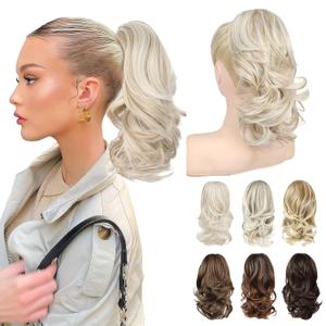 Ponytail Extension - 14" Claw Clip in Ponytail Hair Extensions Natural Soft Synthetic Layered Wavy Pony Tail Hair Pieces for Women - Ash Blonde with Highlights