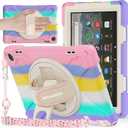 BRAECNstock Kids Case for Amazon Fire HD 8 Tablet 12th Generation 2024/2022 8 inch with Rotating Hand Strap + Stand Shouler Strap Pen Holder Shockproof Protective Kindle Fire HD 8 Case - Colorful Pink