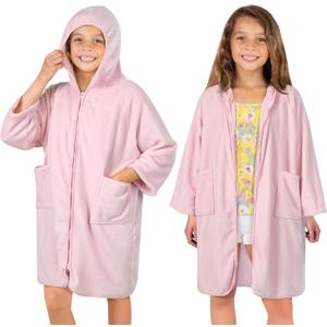 SUN CUBE Hooded Towel Robe for Kids, Zip Up Swim Parka Beach Cover Up for Girls Boys, Surf Poncho Changing Bath Towel 7-10 (Light Pink)