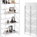 JSB No Assembly Folding Bookshelf, 4 Tier Industrial Metal Book Shelf for Storage, Vintage Wood Foldable Bookcase for Living Room, Bedroom, Office Organization Shelves, Flat Tube 4-Tier