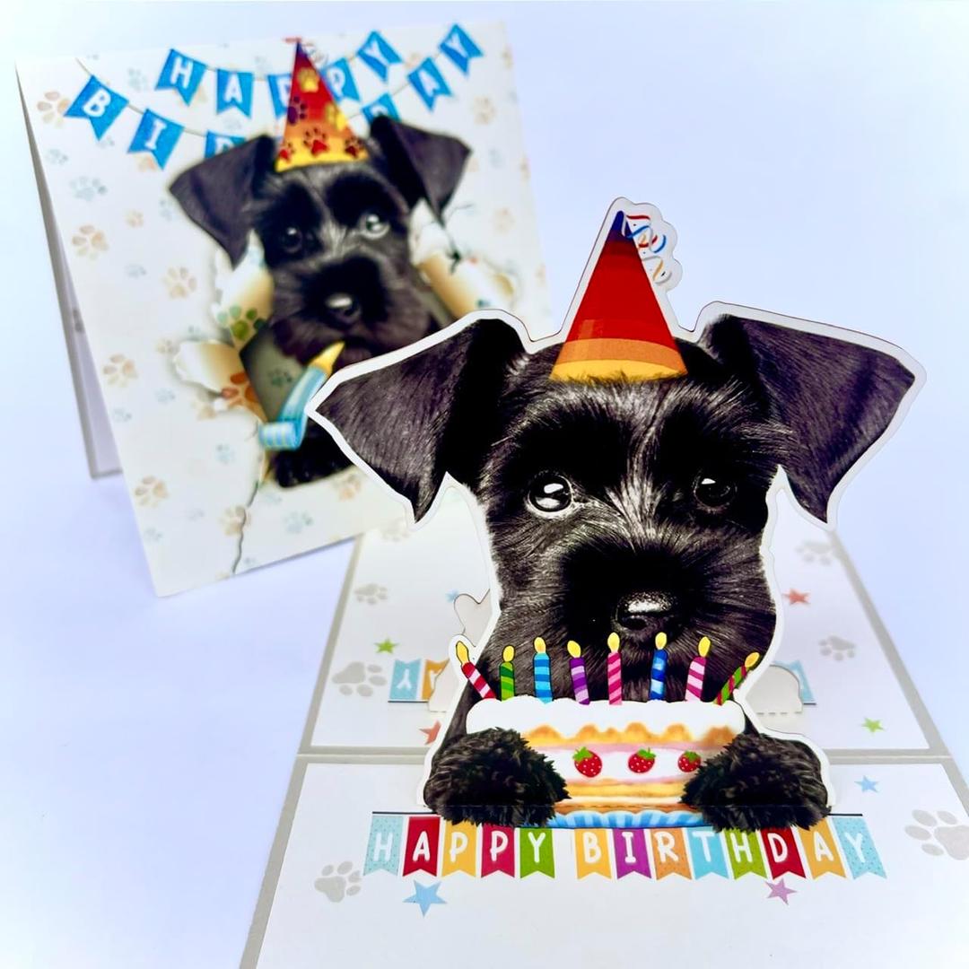 2 x 3D Pop-Up Black Schnauzer Dog Birthday Card - Dog with Cake Celebration, Whimsical Happy Birthday Greeting for Dog Lovers - Black Schnauzer Dog 3D Birthday Pop Up Card