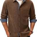 PJ PAUL JONES Men's Corduroy Button Down Shirt Long Sleeve Casual Collared Wrinkle Free Untucked Shirts with Pocket (Brown)