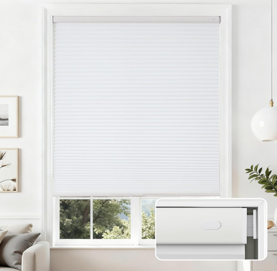 Joydeco No Drill Light Filtering Cellular Shades, 29" W x 64" H, White