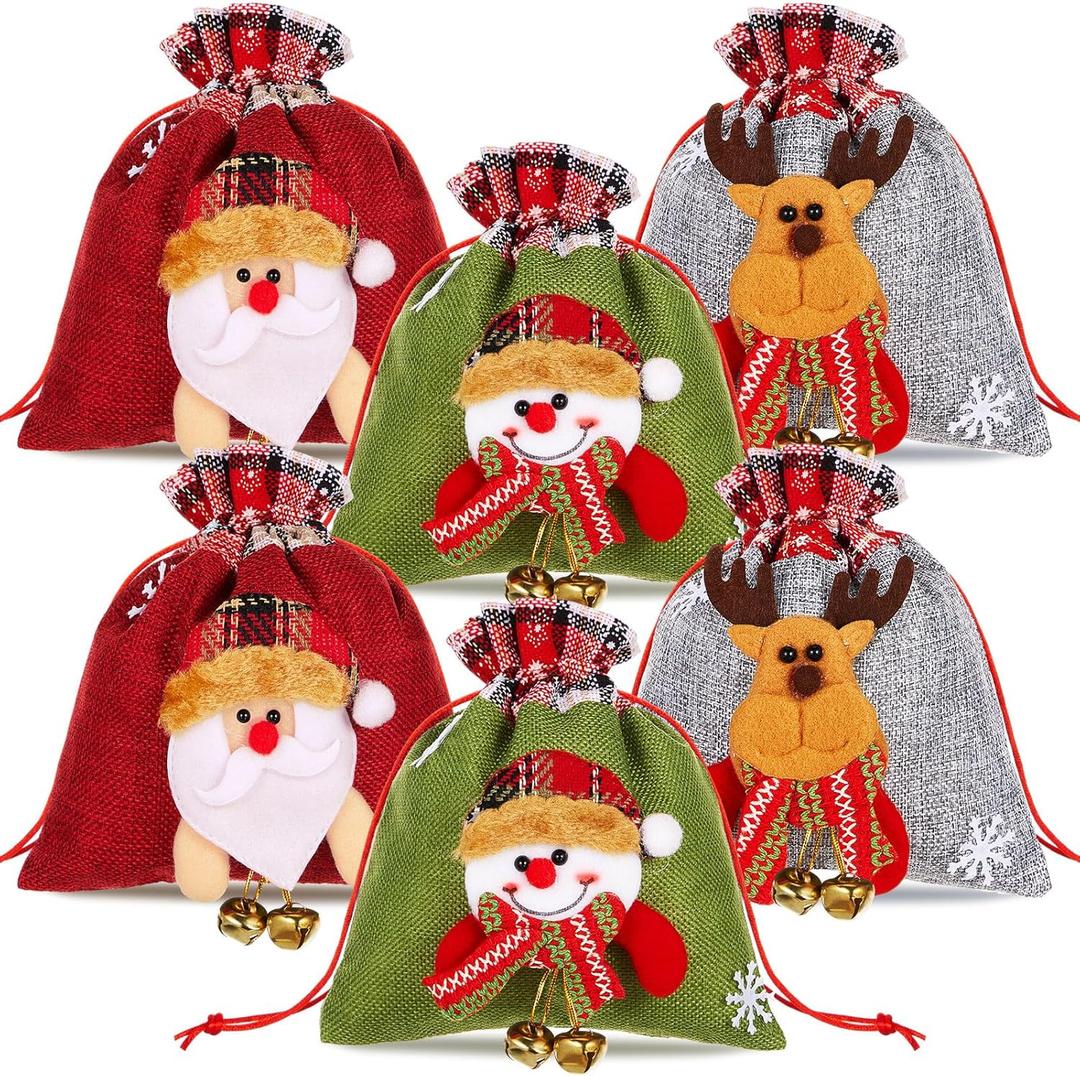 Amylove 6 Pieces Christmas Gift Bags with Drawstrings Xmas 3D Reusable Goody Bags for Christmas Party Favor Wrapping Supplies Bulk(Bell Style)